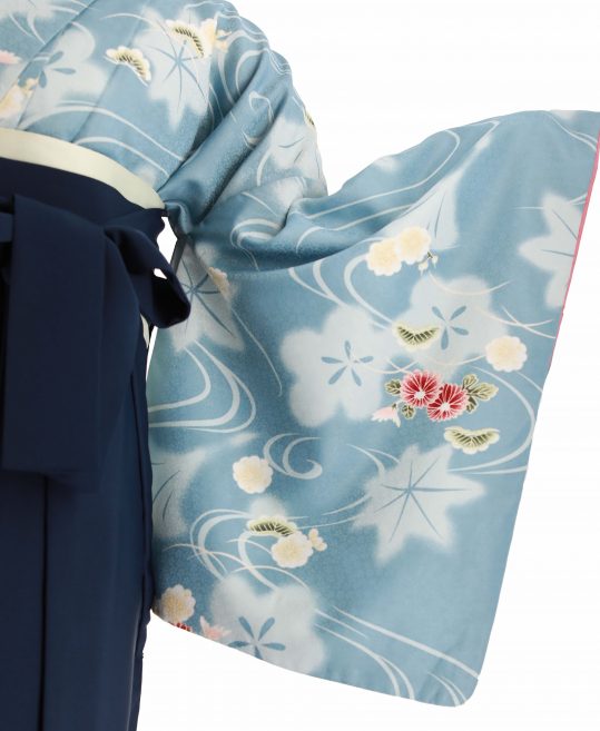 卒業式着物[シンプル古典柄]群青色に梅、楓、流水文様、丸菊と松No.114